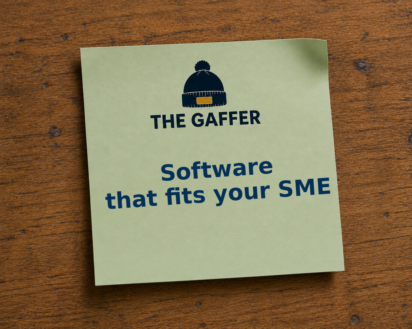 Sage-green Post-it note on a wooden desk, headed with The Gaffer bobble-hat logo, reading: Software that fits your SME.