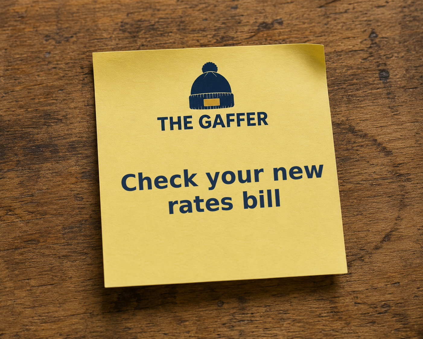 Yellow Post-it note on a wooden desk, headed with The Gaffer bobble-hat logo, reading: Check your new rates bill.
