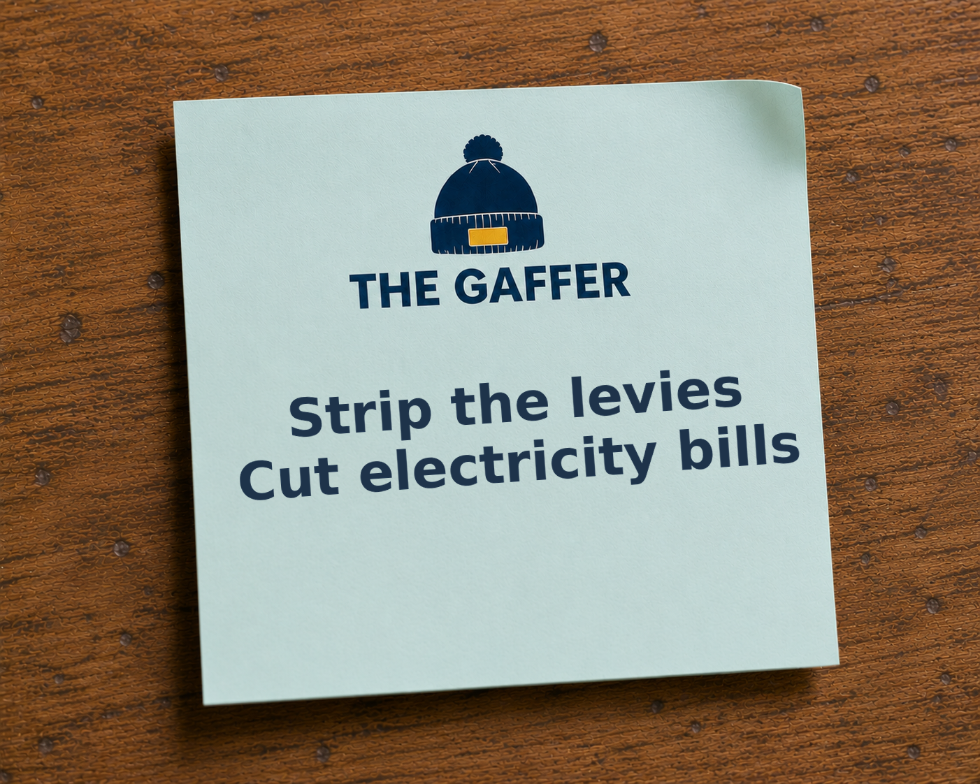 Teal Post-it note on a wooden desk, headed with The Gaffer bobble-hat logo, reading: Strip the levies, cut electricity bills.