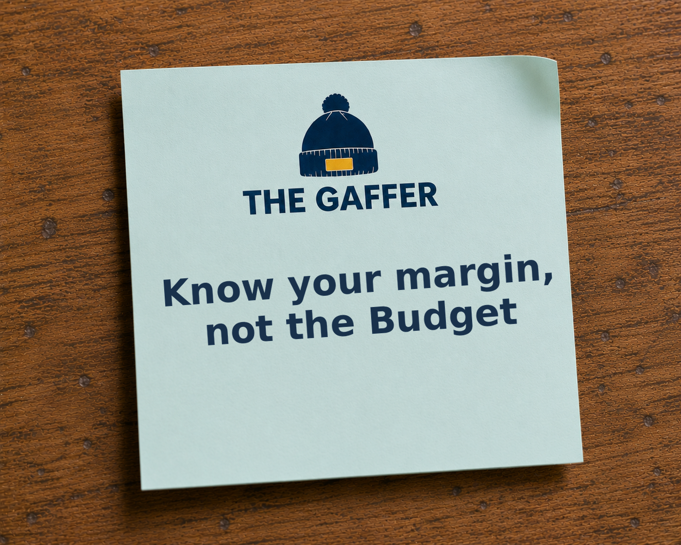 Light blue Post-it note on a wooden desk, headed with The Gaffer bobble-hat logo, reading: Know your margin, not the Budget.