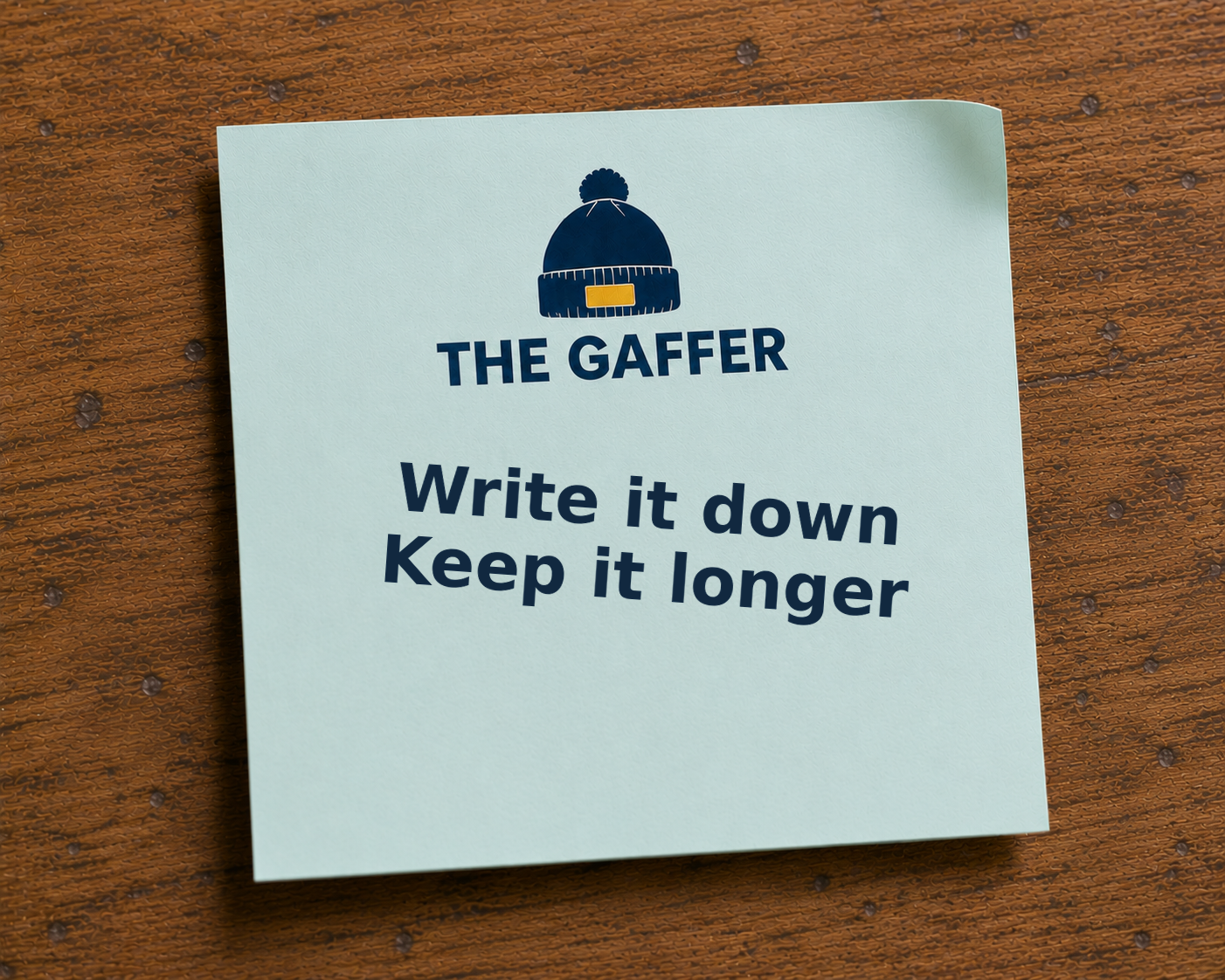 Mint Post-it note on a wooden desk, headed with The Gaffer bobble-hat logo, reading: Write it down, keep it longer.