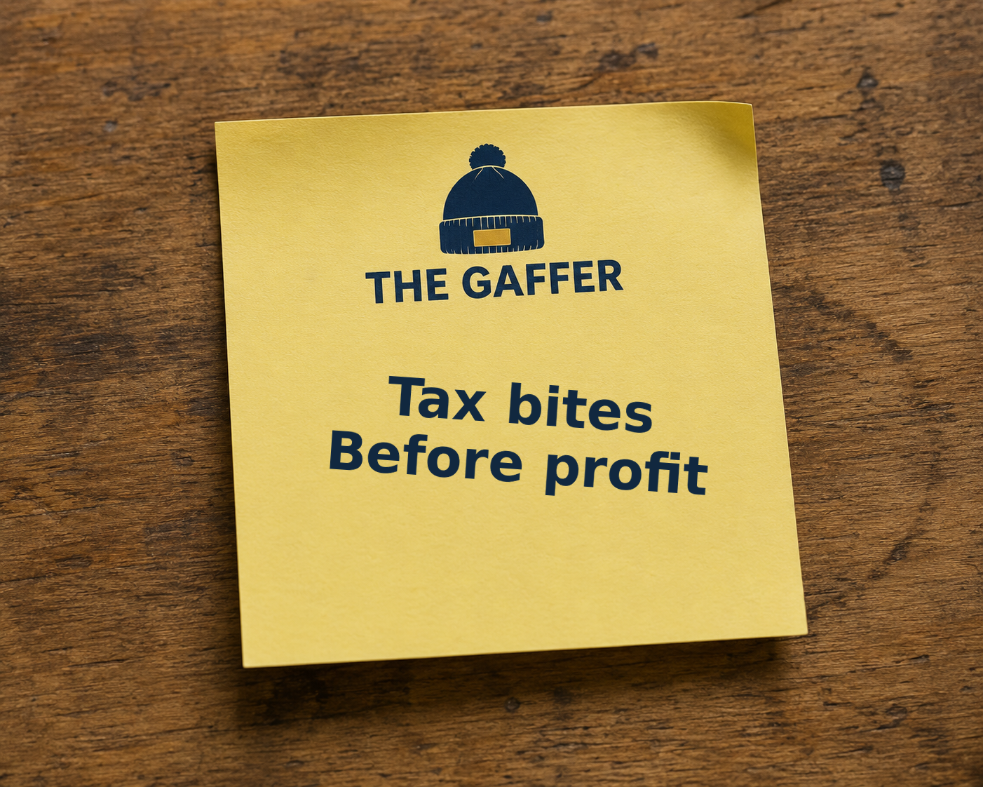 Yellow Post-it note on a wooden desk, headed with The Gaffer bobble-hat logo, reading: Tax bites, before profit.